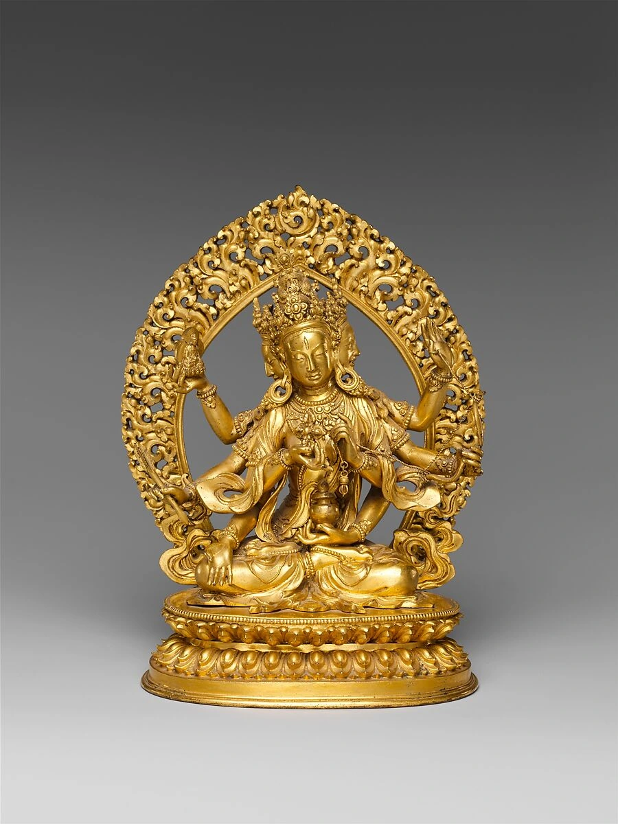 Three-faced, eight-armed gilt-brass Ushnishavijaya sculpture from Qing China