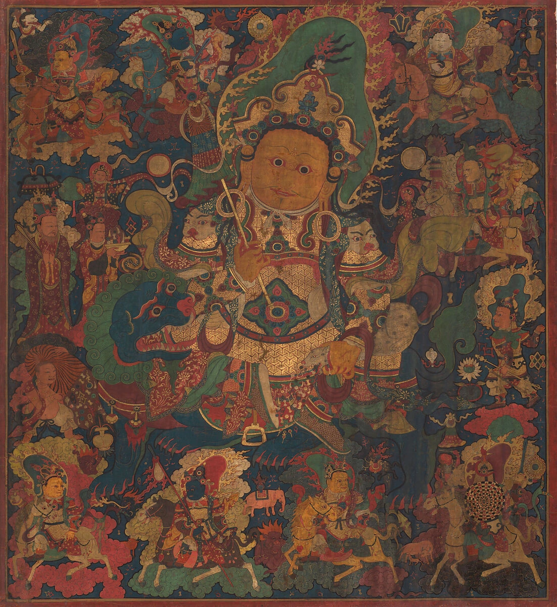 Vaishravana seated on a snow lion with eight horsemen, Tibet, 15th century, The Met 2021.290