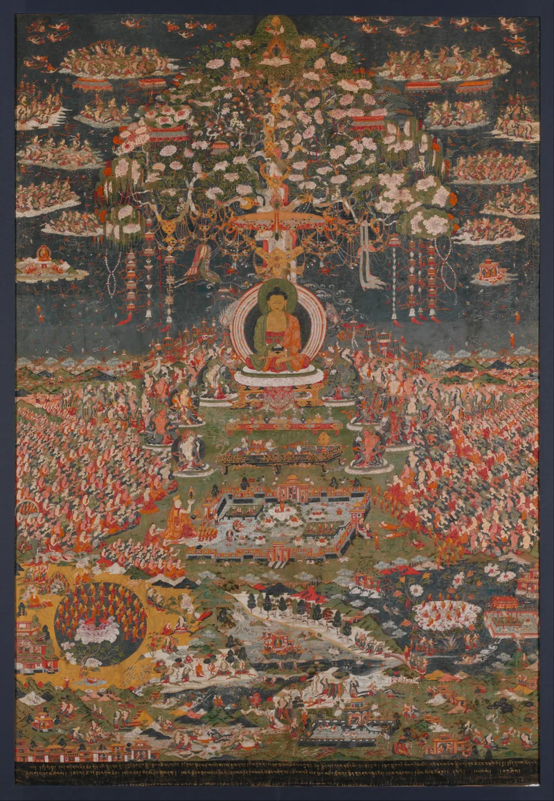 Tibetan painting of Amitabha seated beneath a flowering tree, surrounded by bodhisattvas, offerings, pools and a crowded Pure Land landscape.