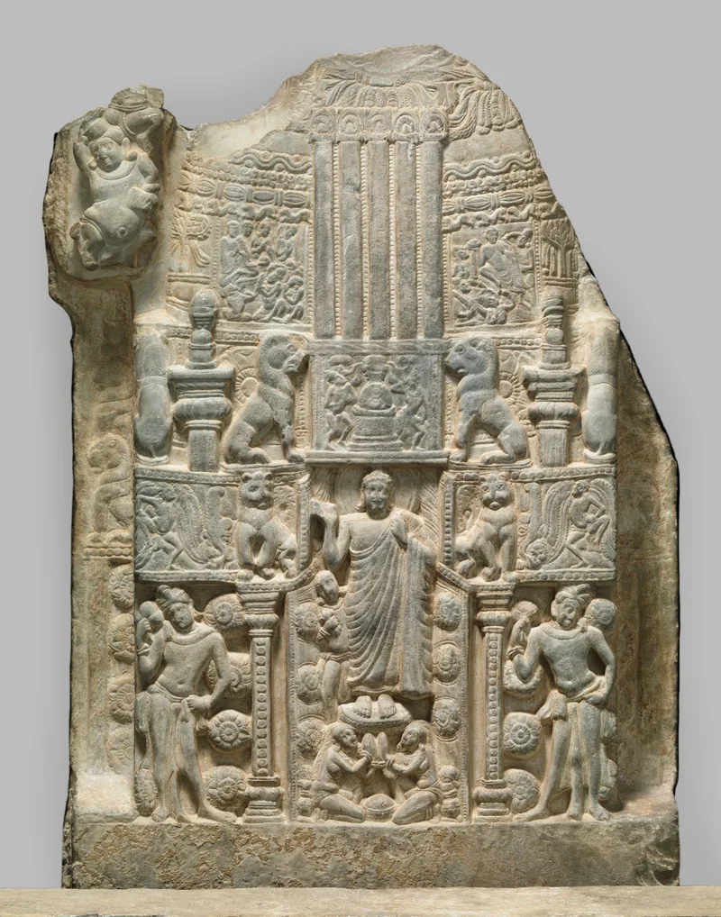 Limestone relief of a decorated stupa, with the Buddha in the doorway, a tall ladder above and kneeling devotees below.