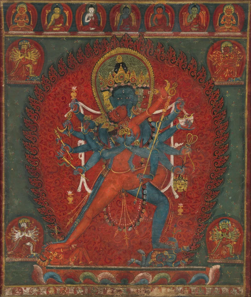 Red Vajravarahi with twelve-armed Chakrasamvara, surrounded by flames and subsidiary figures in a Nepalese painting.
