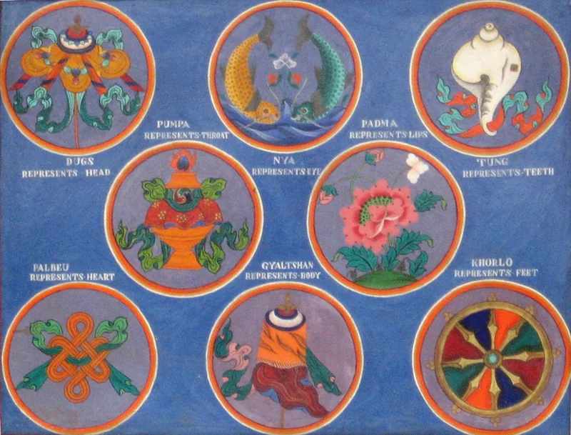 Eight painted auspicious emblems in round frames on a blue ground: parasol, fish, conch, vase, lotus, knot, banner and wheel.