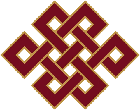 A red and gold endless knot drawing with angular loops and alternating crossings.