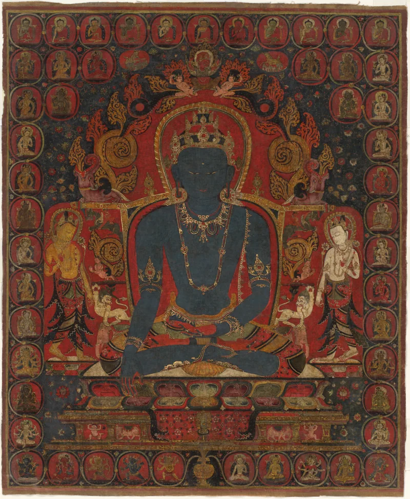 A crowned blue Akshobhya seated between two attendants, with a vajra before the throne and small Buddhas around the border.