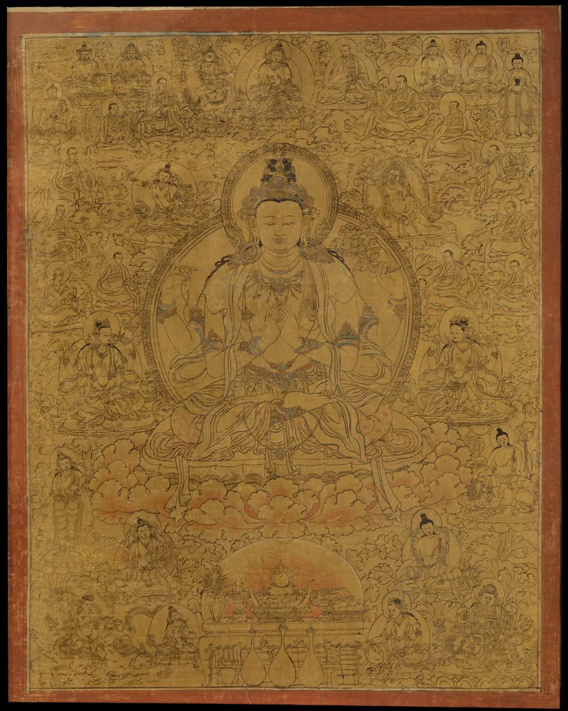 Gold-bodied four-armed Avalokiteshvara on a golden ground, surrounded by smaller sacred figures and monks in a complete Tibetan painting.