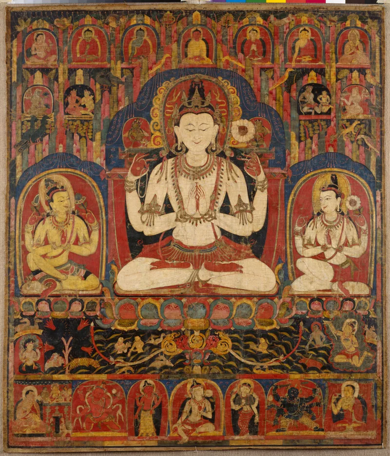 White four-armed Avalokiteshvara with joined palms, a mala and a lotus, flanked by yellow and white attendants within a complete Tibetan painting