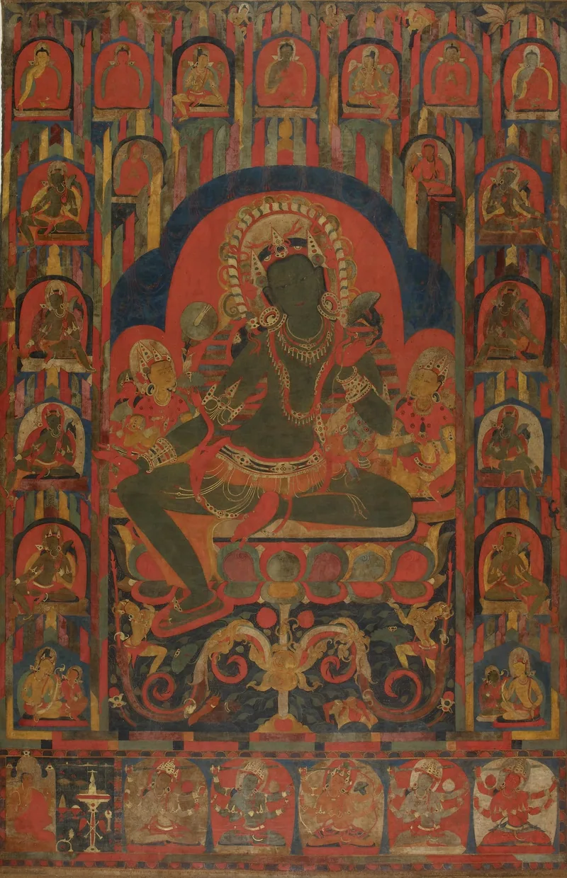 Green Tara seated centrally in a red and gold painting, with smaller rescuing figures at both sides.