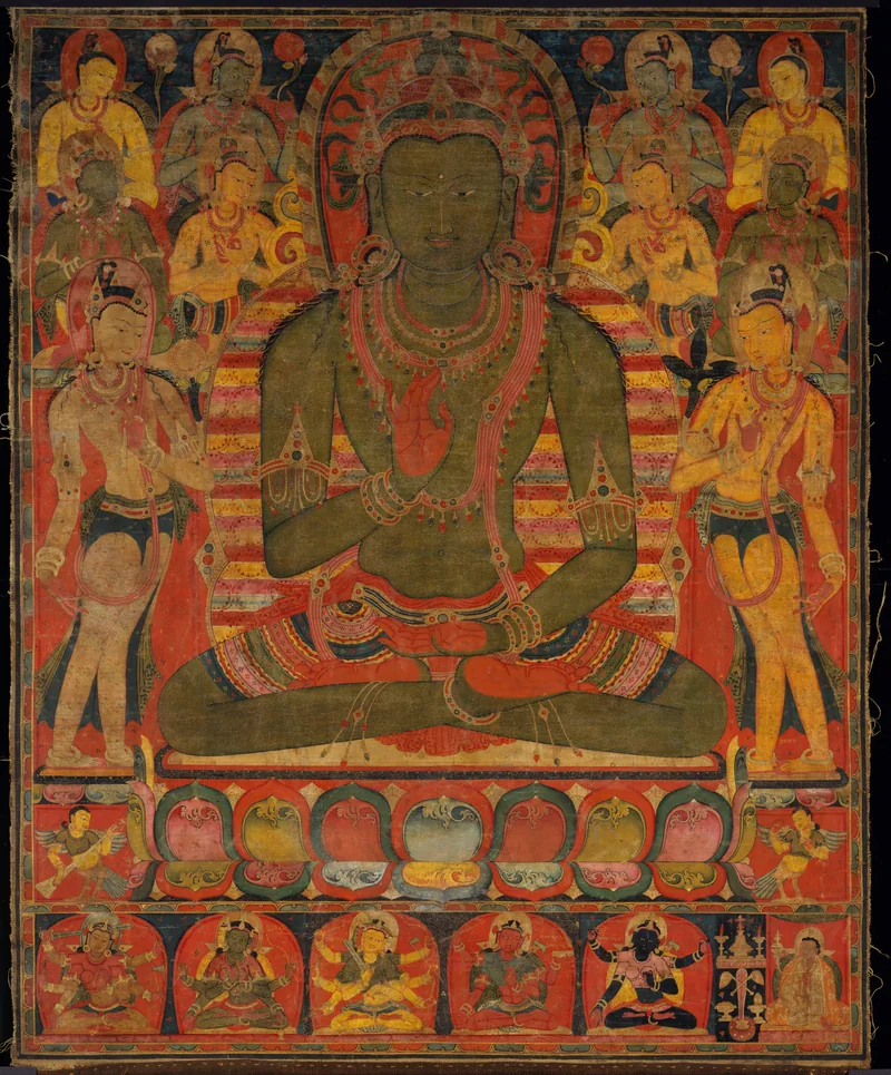 Green Amoghasiddhi Buddha with surrounding bodhisattvas and a lower row of Tara figures.