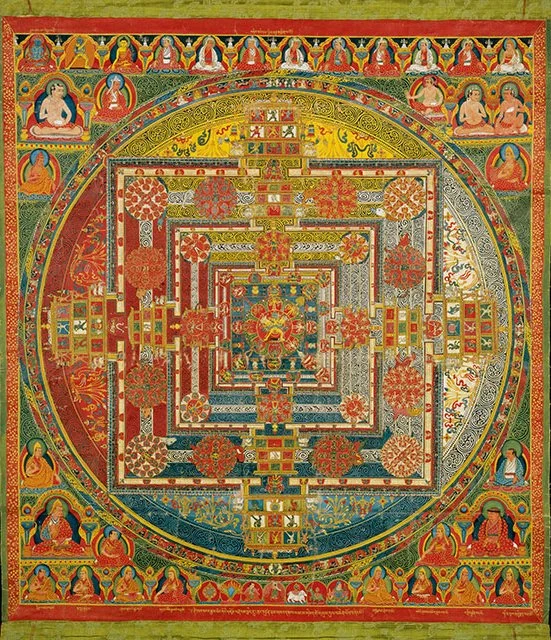 Historical Kalachakra palace mandala with concentric squares, four gates, central figures and teachers around its outer circle.