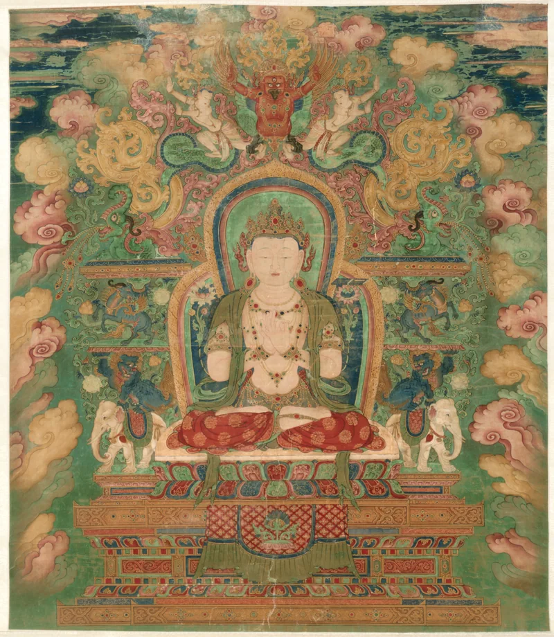 Manjushri in a green, red and gold throne setting, with a book on a flower beside his left shoulder.