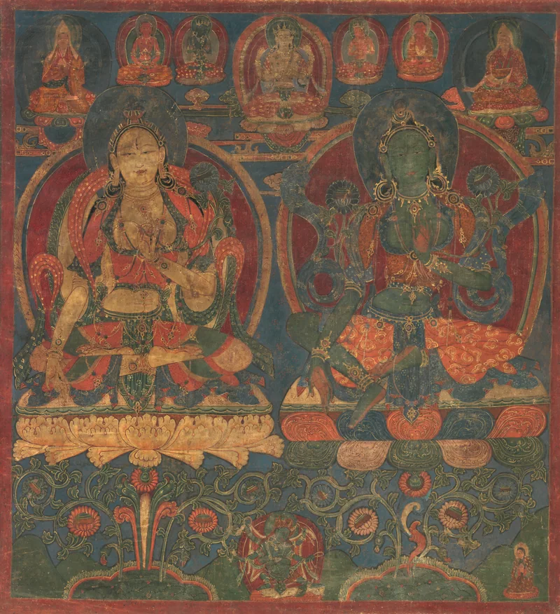 White Tara and Green Tara above lotus seats with stems extending toward pools in a mountainous setting.