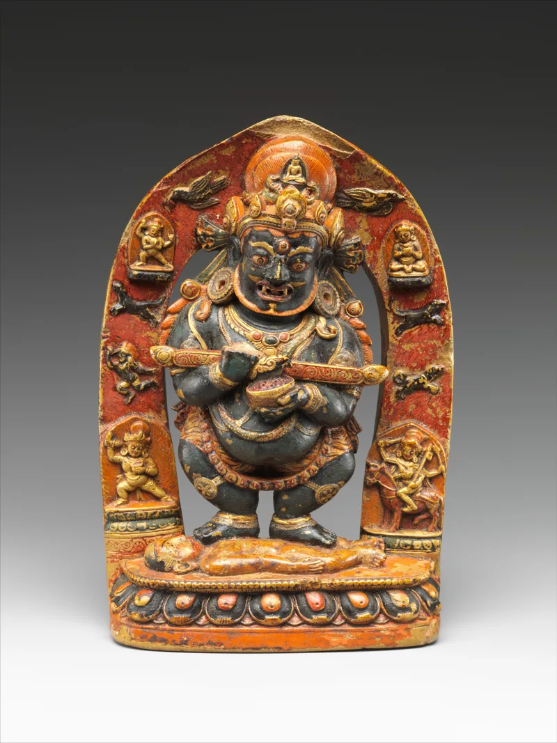 Two-armed Mahakala Panjaranatha sculpture with colour and gilding