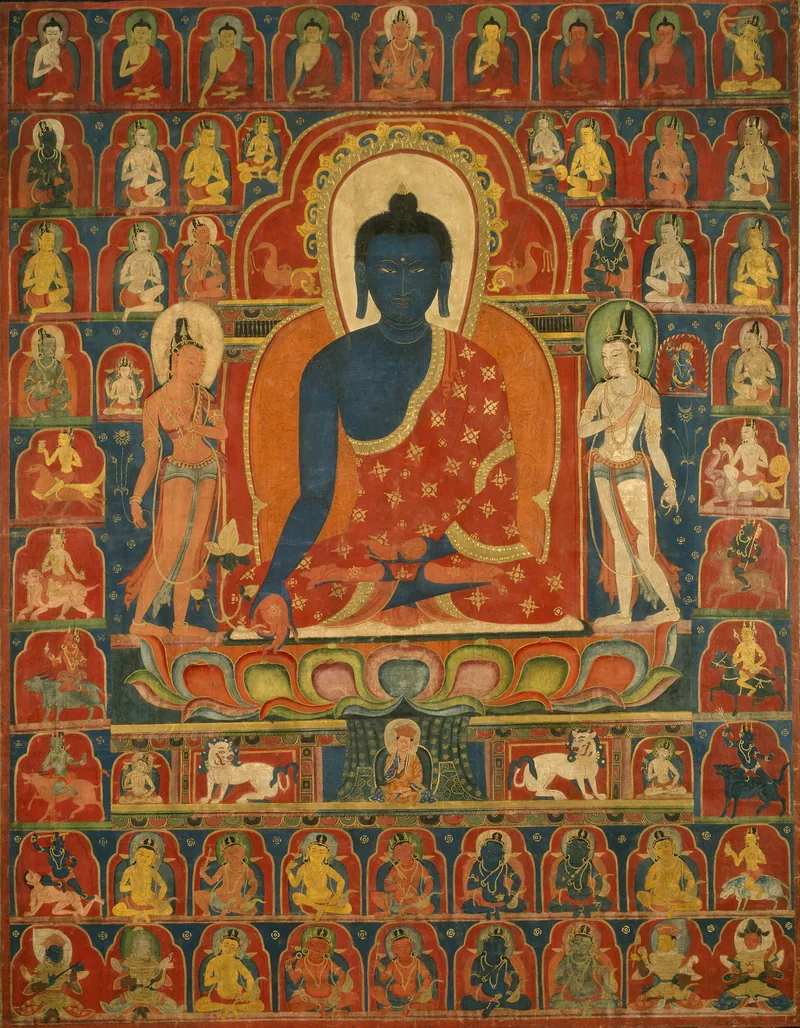 Blue Medicine Buddha, sun and moon bodhisattvas, and rows of surrounding figures in a fourteenth-century Tibetan thangka.