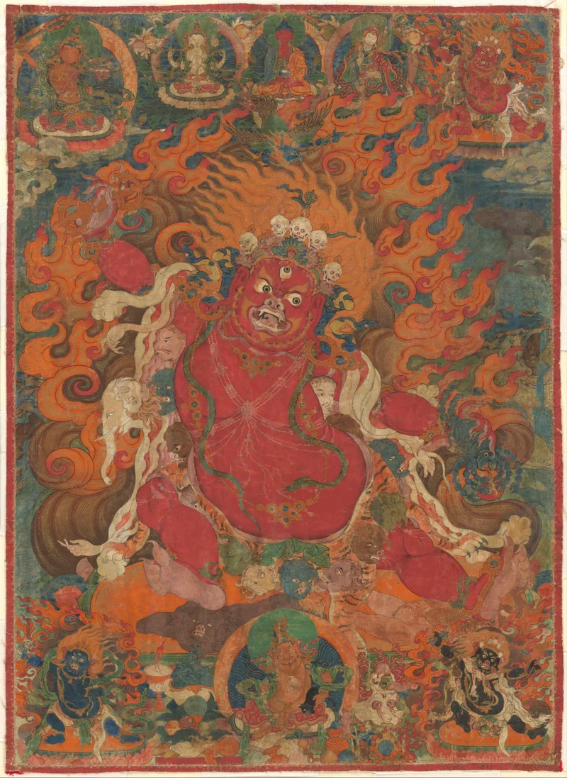 Red Guru Dragpo in flames at the centre of a Tibetan painting, with Padmasambhava in a yellow hat in the upper-right row.