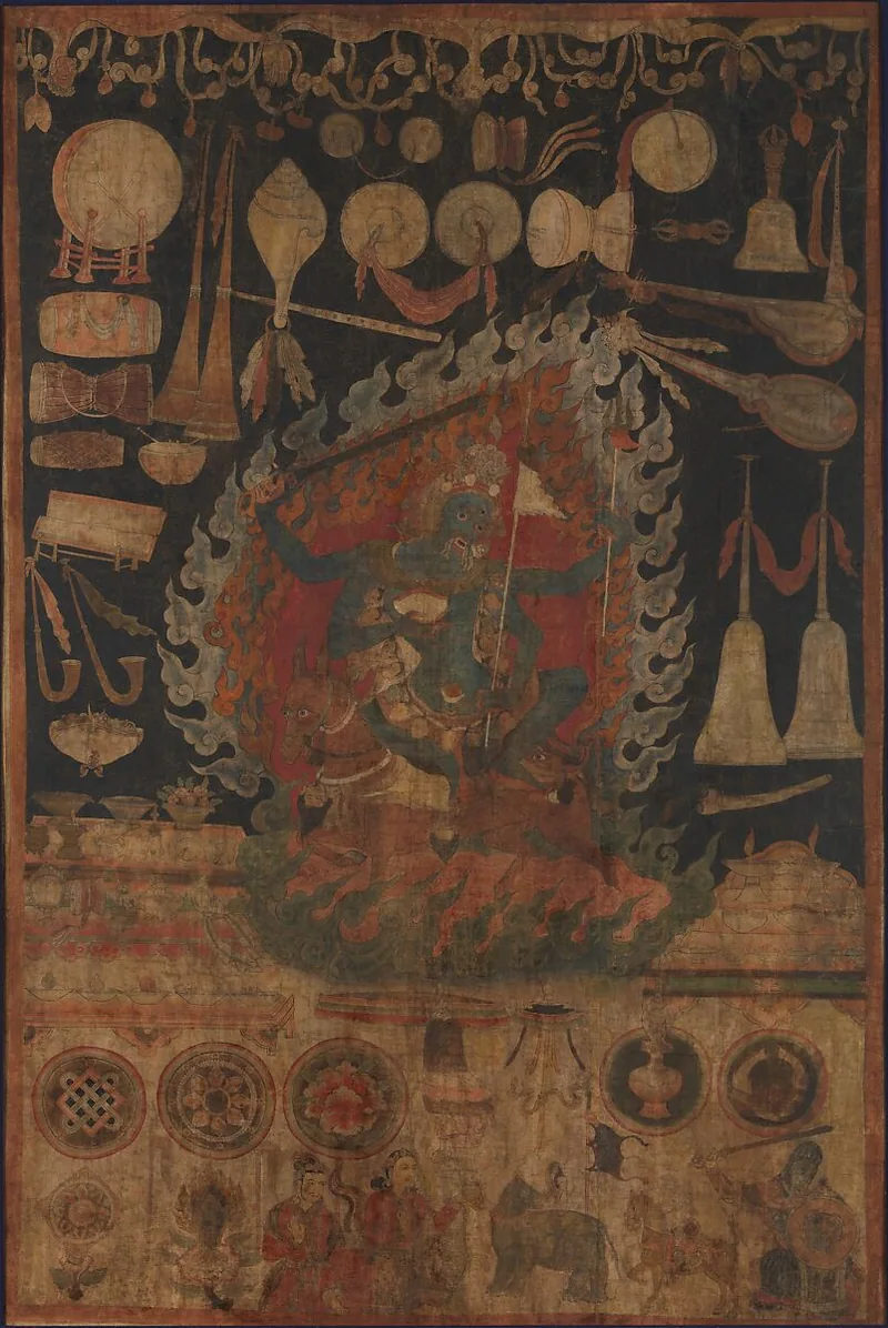 Four-armed Palden Lhamo on a mule amid orange flames and rows of offerings on a black ground.
