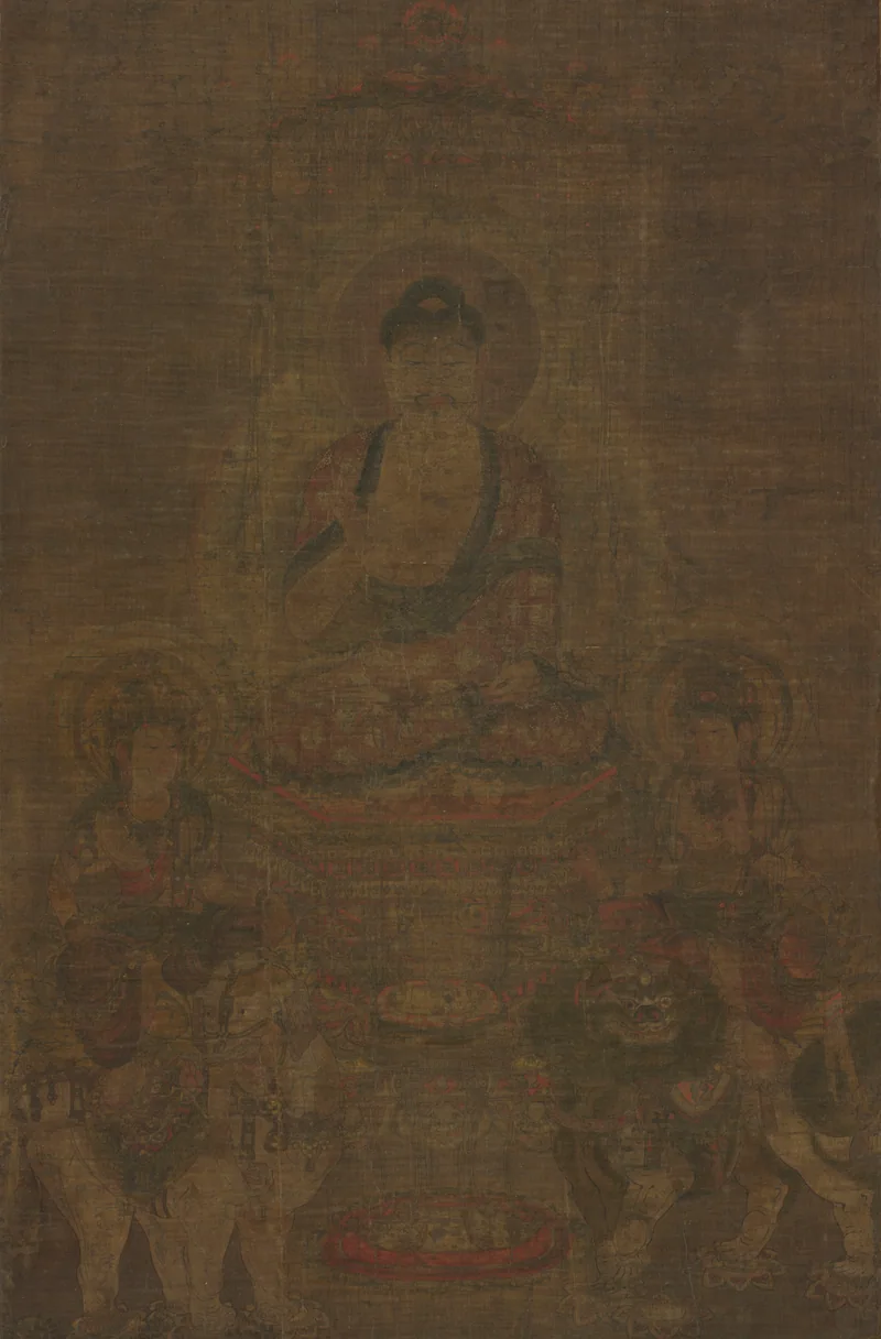释迦牟尼两侧分别是骑白象的普贤与骑狮子的文殊