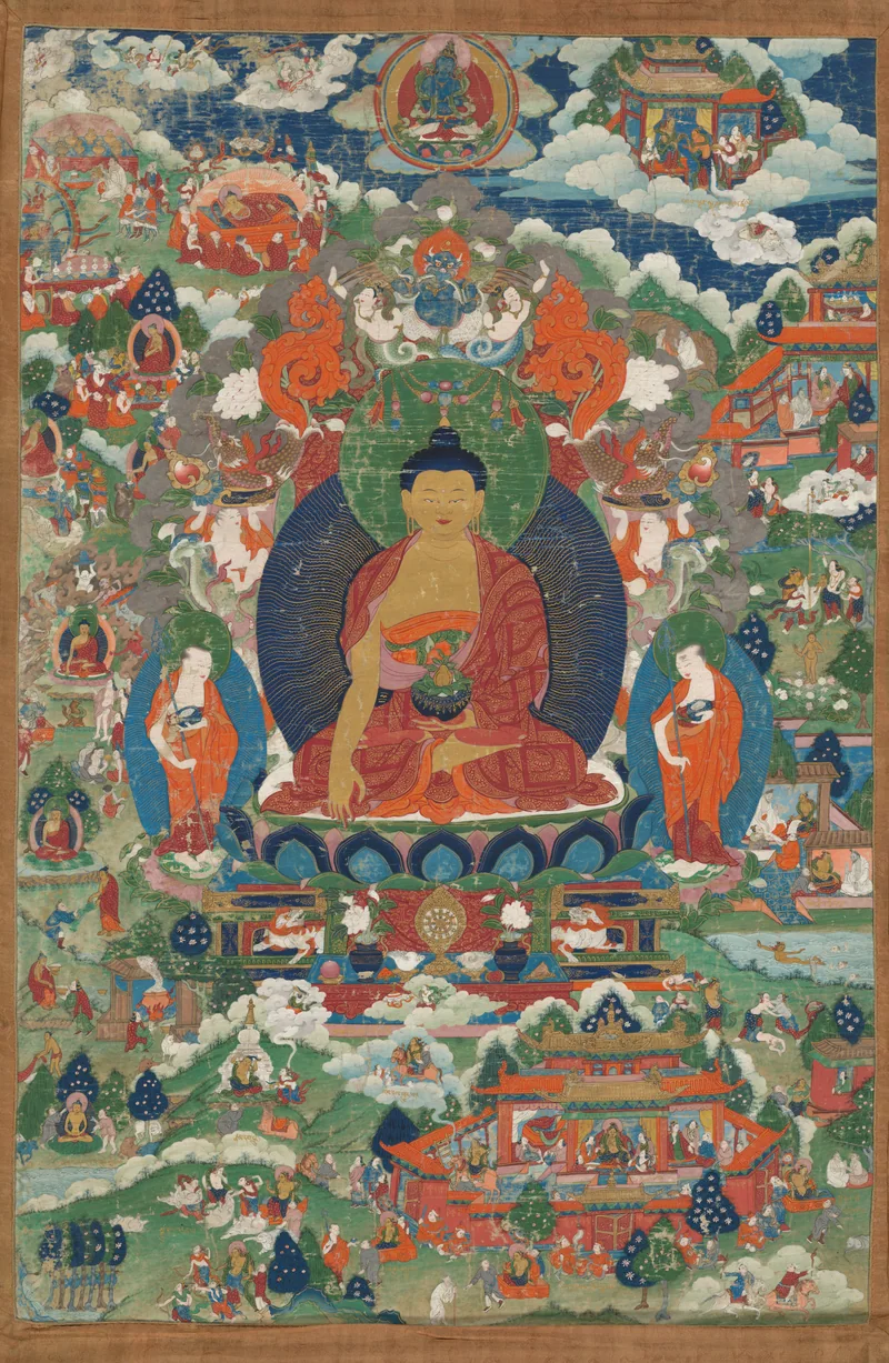 A complete Tibetan life-story painting with a large earth-touching Shakyamuni Buddha, two monks and narrative scenes in a green landscape.