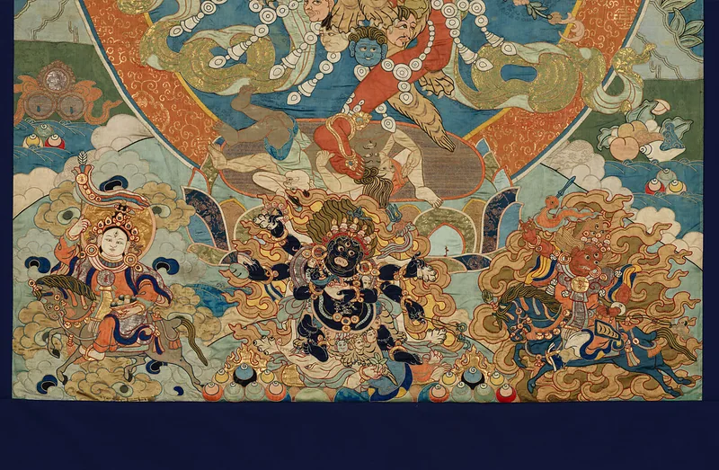 Lower detail of the Kurukulla textile showing smaller figures, joined fabric shapes and stitched outlines.