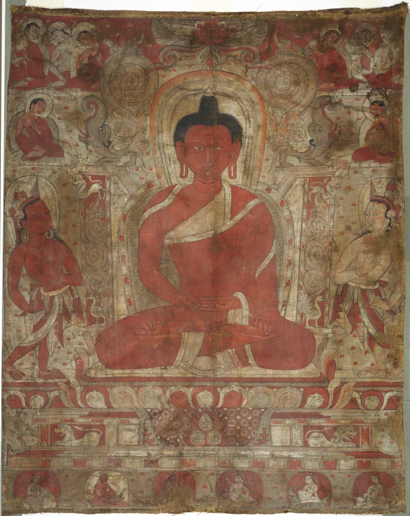 Amitabha between bodhisattvas, with rows of monks above and adepts below