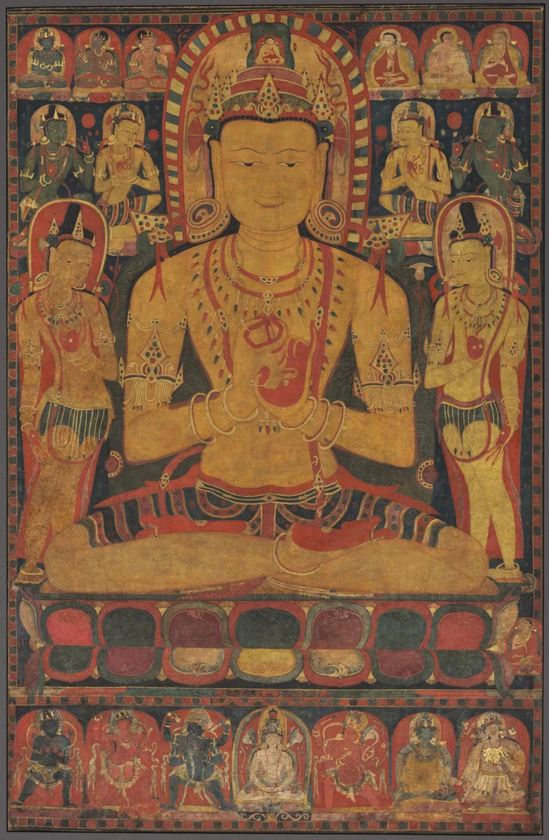 A golden crowned Vairochana with joined hands and a tiny vajra, flanked by attendants in a Tibetan thangka.