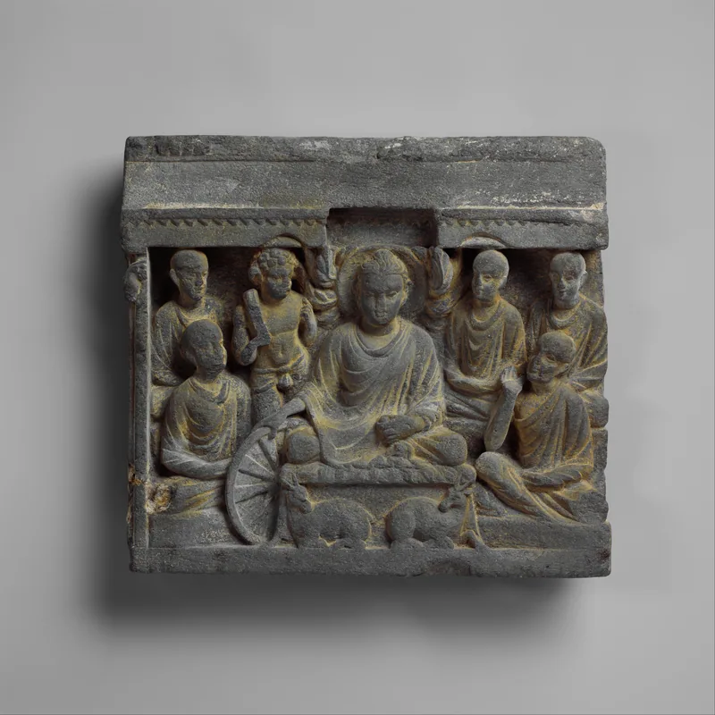 The Buddha teaching among monks, with a muscular Vajrapani holding a bar-shaped vajra