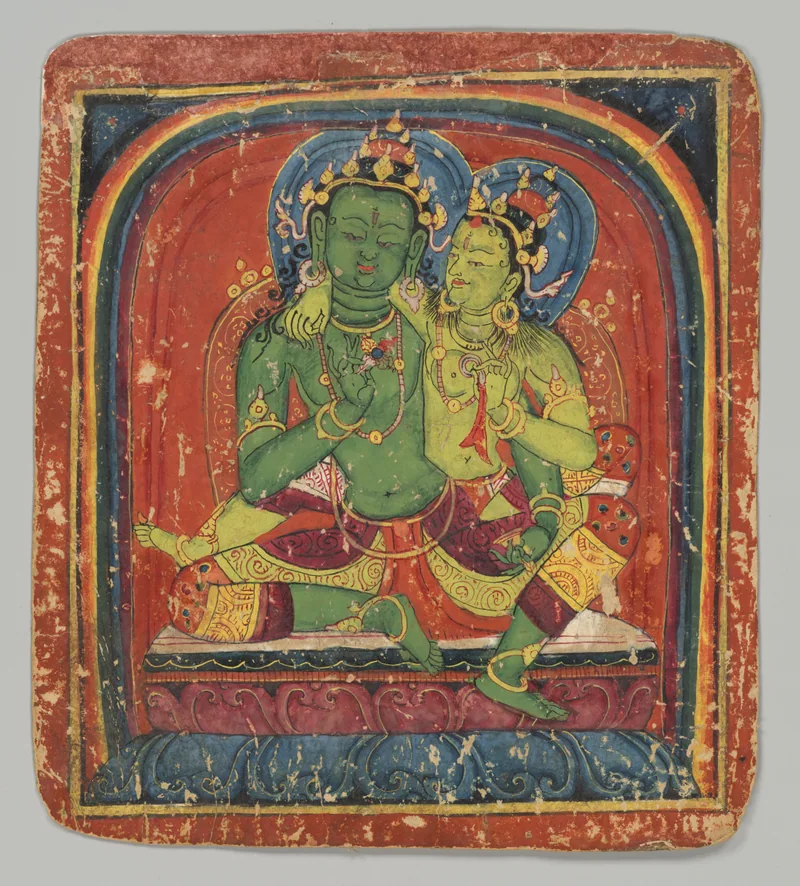 Green crowned Vajrapani and a pale yellow companion in a Tibetan initiation card