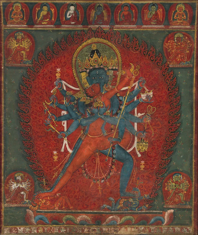 Blue twelve-armed Chakrasamvara embracing red Vajravarahi within a red flame arch and smaller figures.