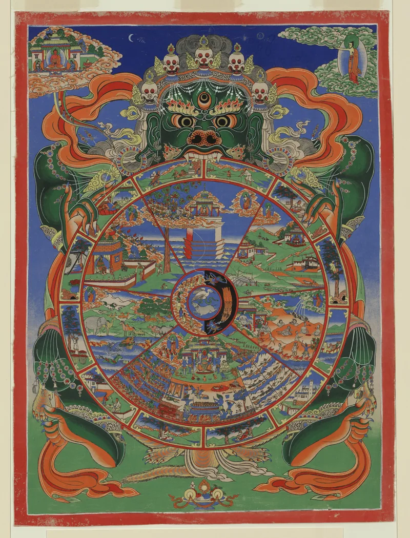 Historical Wheel of Life held by a green figure, with three animals, realm scenes, an outer narrative ring and a Buddha above the wheel.
