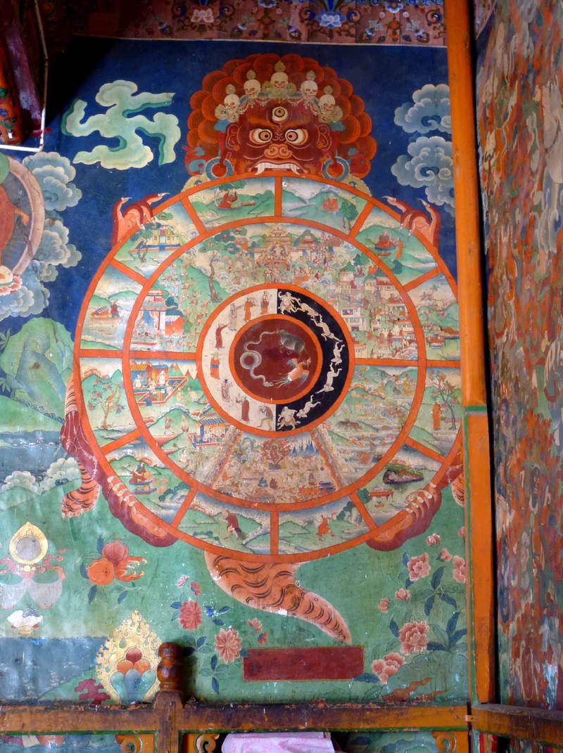 Wheel of Life mural at Sera Monastery with red holding figure, light and dark ring and surrounding temple wall paintings.