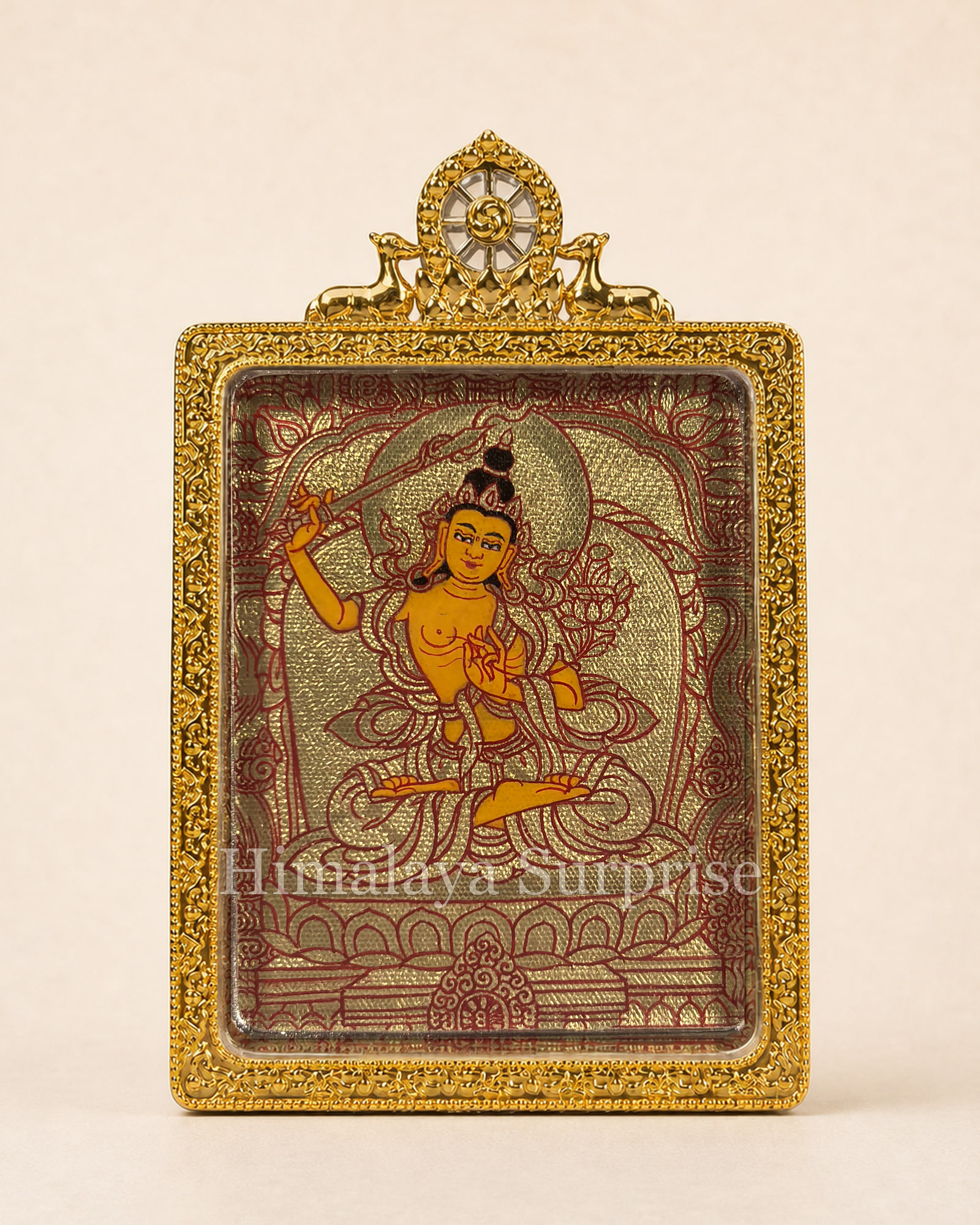 Manjushri Mini Thangka · Raised Sword, Gold-Ground | front overall view