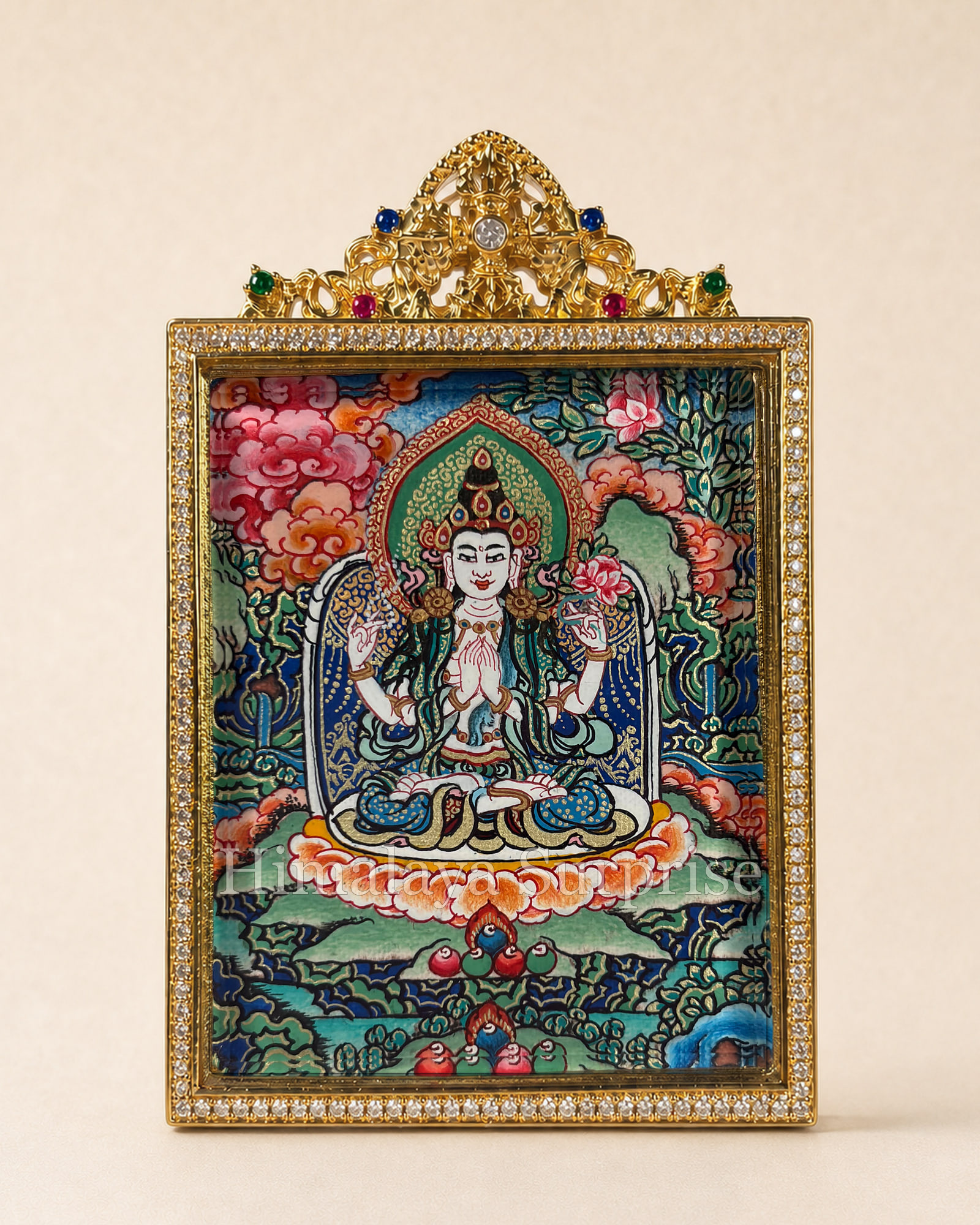 Four-Armed Avalokiteshvara Mini Thangka · Polychrome with Gold Details | front overall view
