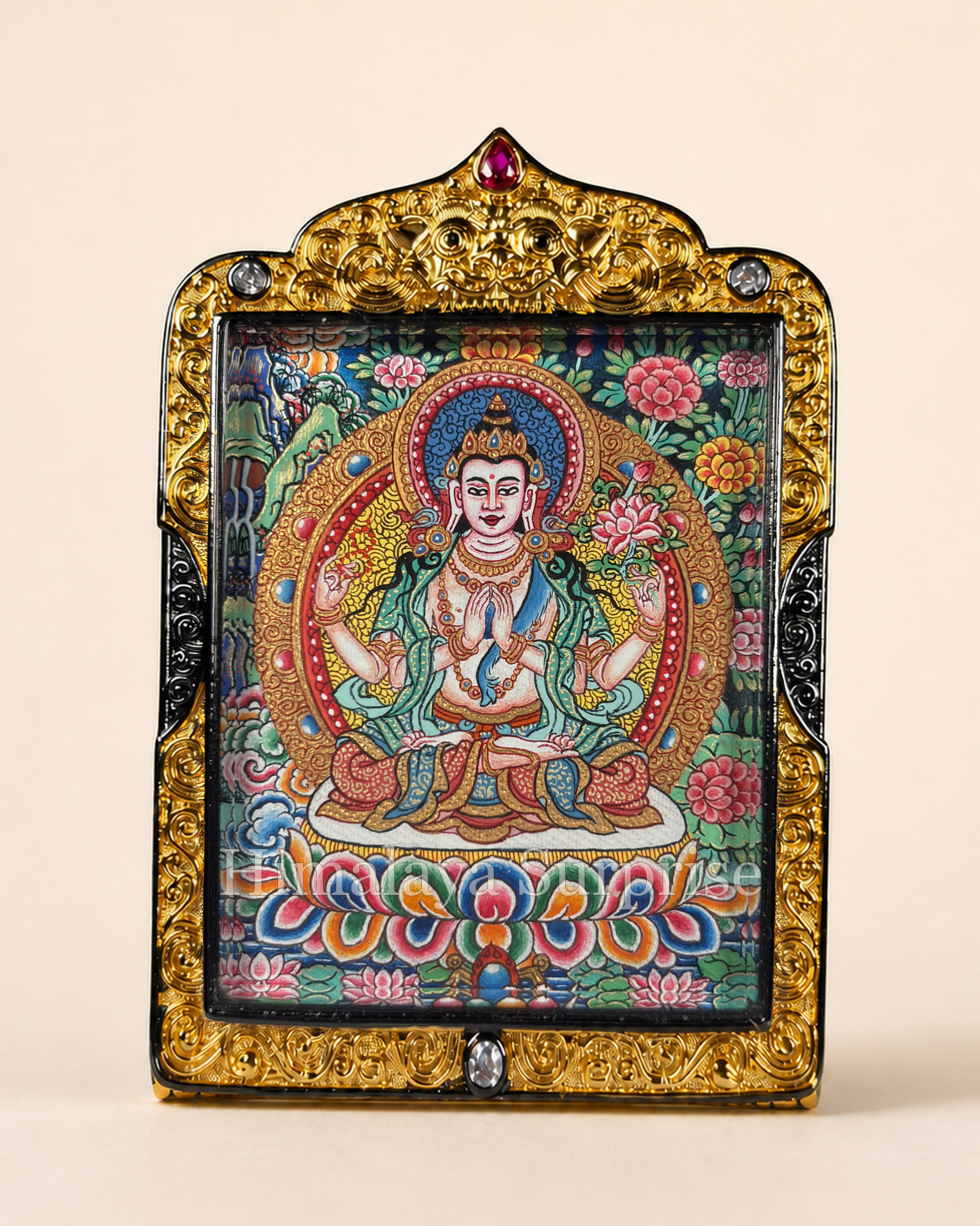 Four-Armed Avalokiteshvara Mini Thangka · Floral, Polychrome | front overall view
