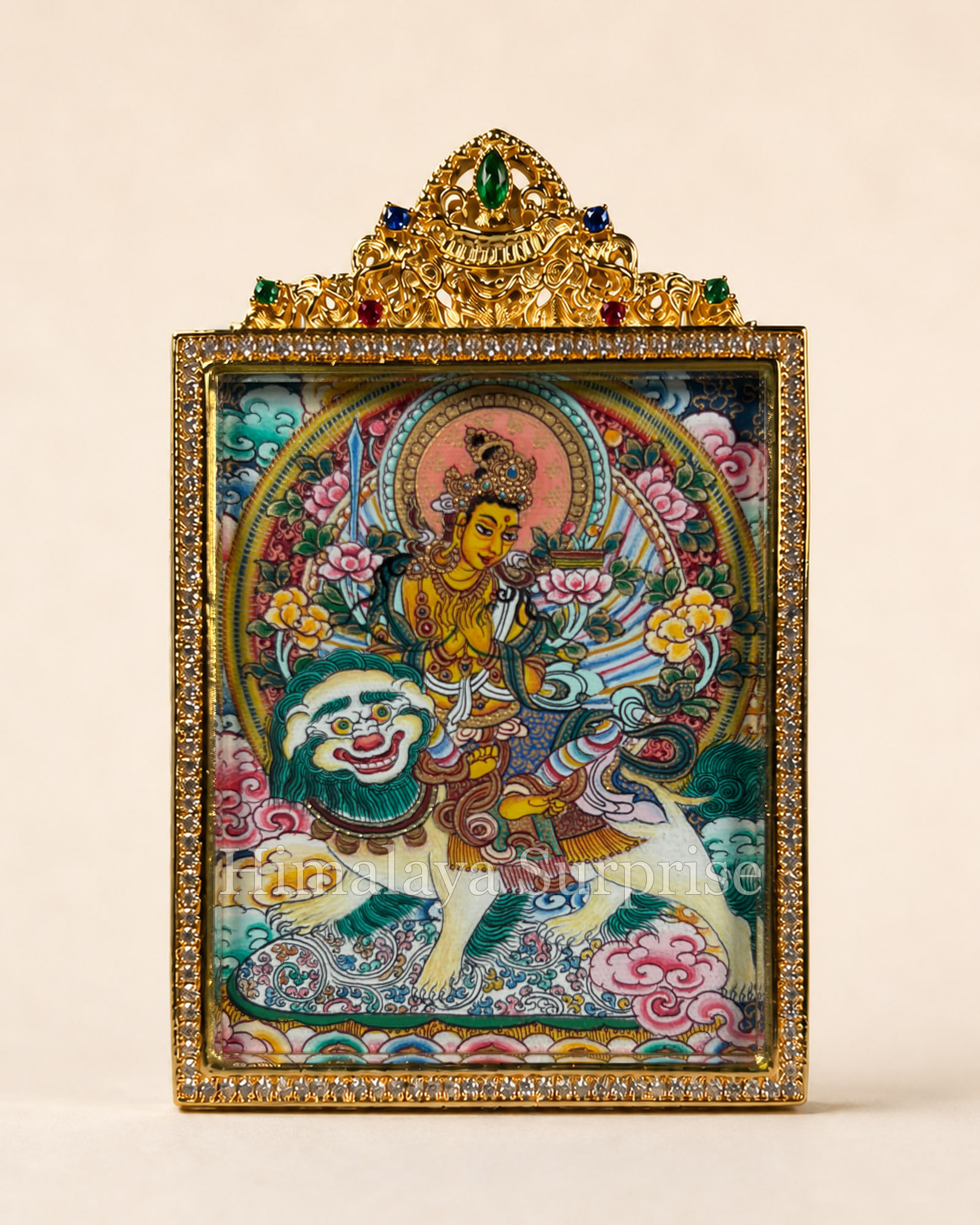 Manjushri on a Blue Lion Mini Thangka · Polychrome | front overall view