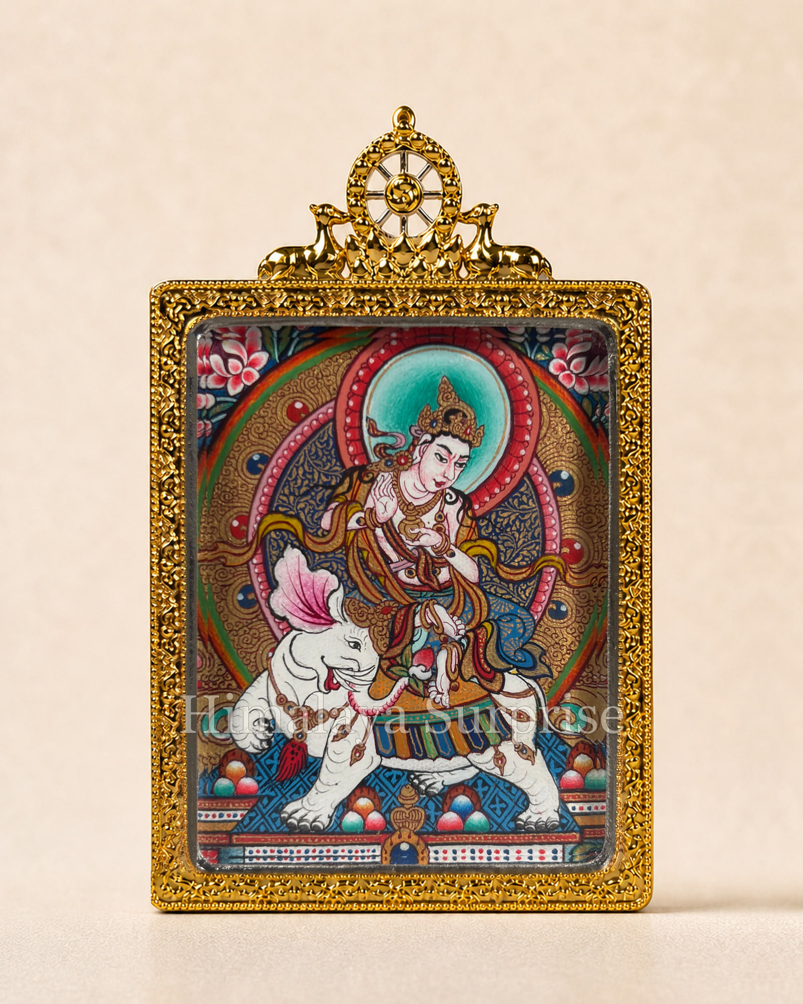 Samantabhadra Bodhisattva on a White Elephant Mini Thangka · Polychrome with Gold Details | front overall view