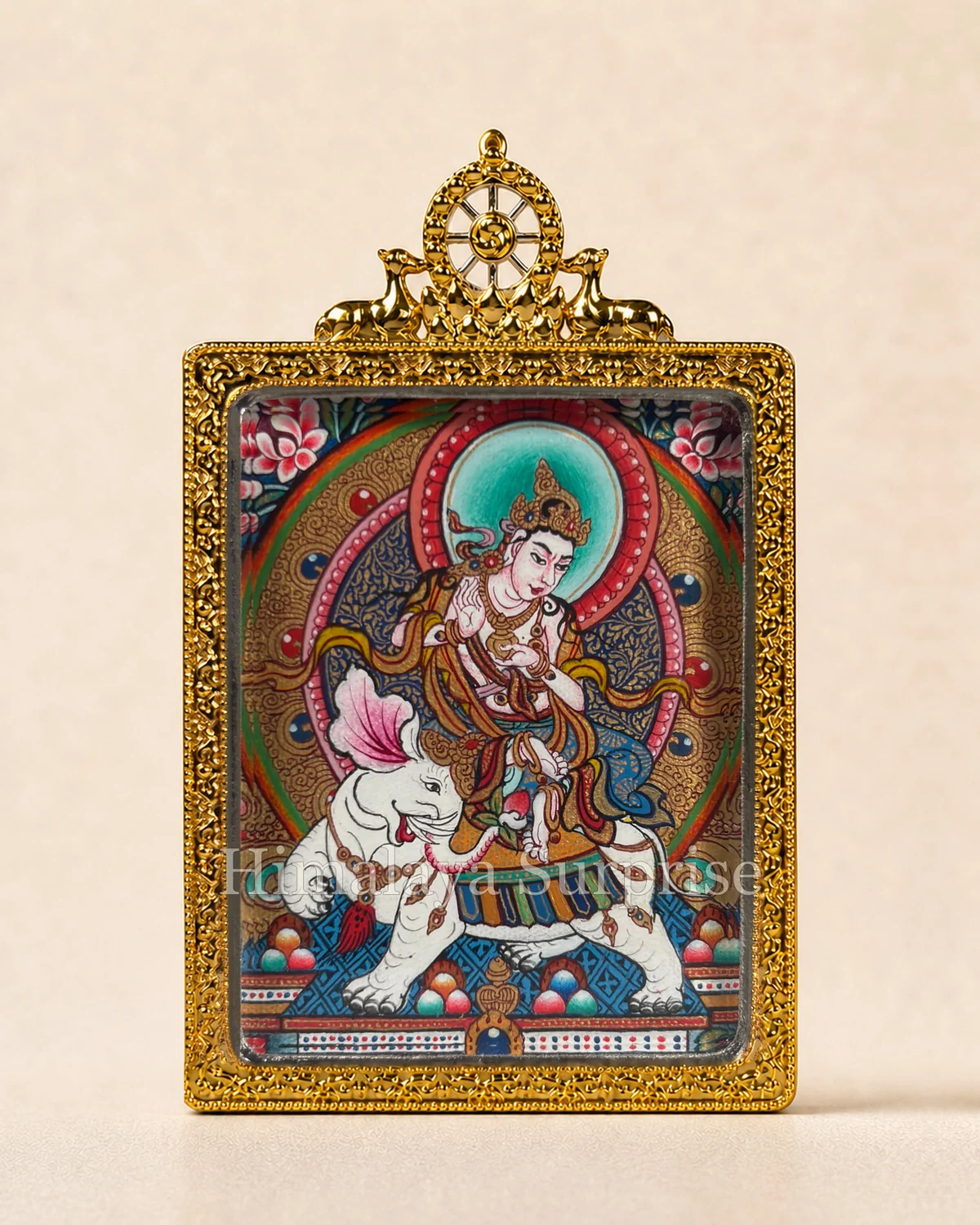 Samantabhadra miniature thangka with a white elephant